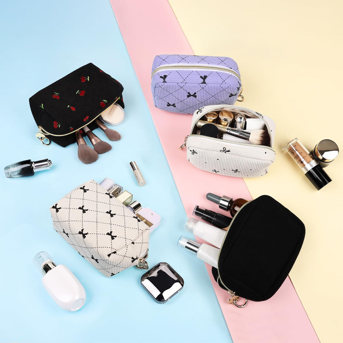 Playexen Small Makeup Bag, Multi Pockets Cherry Cosmetic Bag, Black
