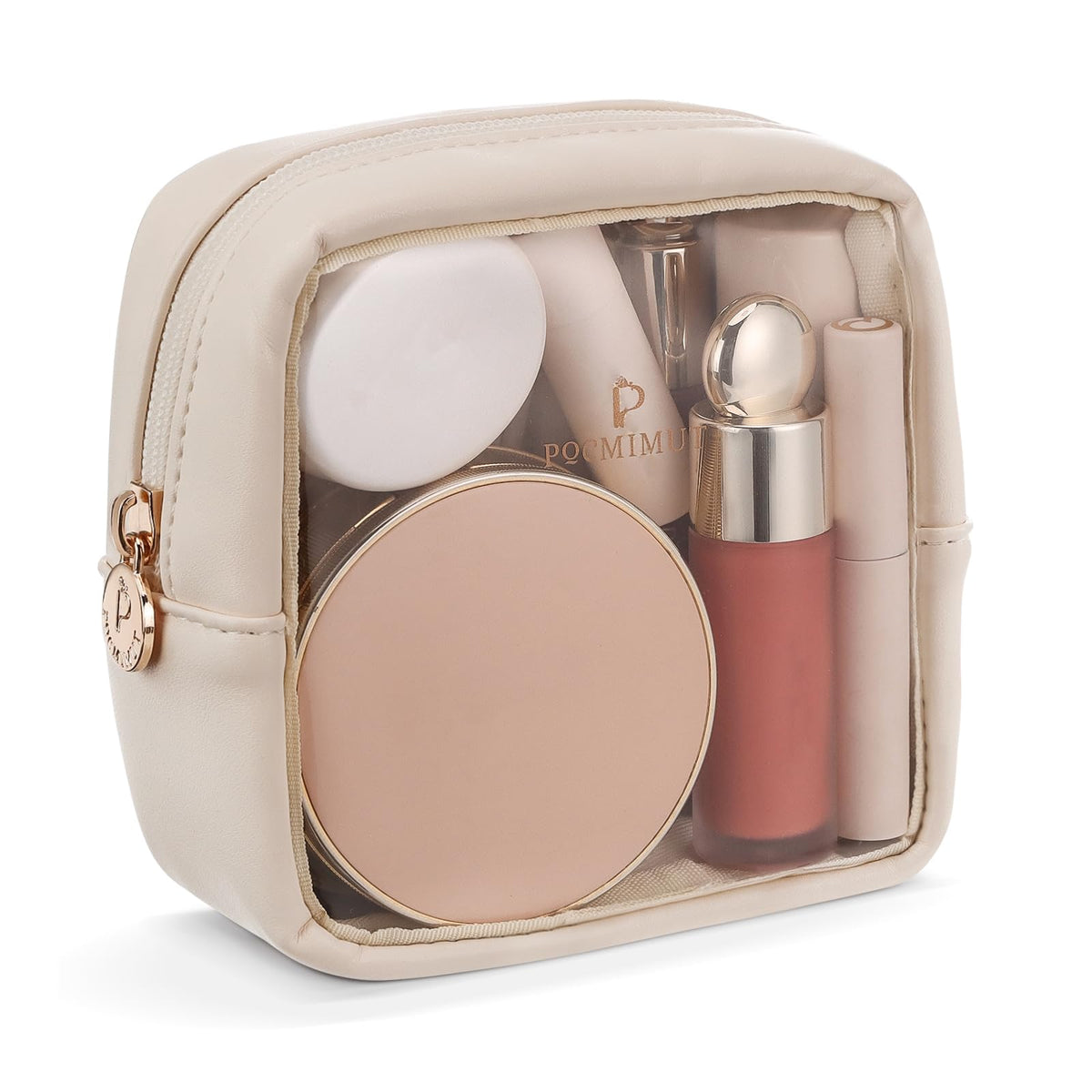 Pocmimut Clear Makeup Bag,Easy to Find Mini Makeup Bag for Purse,Travel Makeup Bag for Car, Compact Cosmetic Pouch for Daily Essentials,Beige