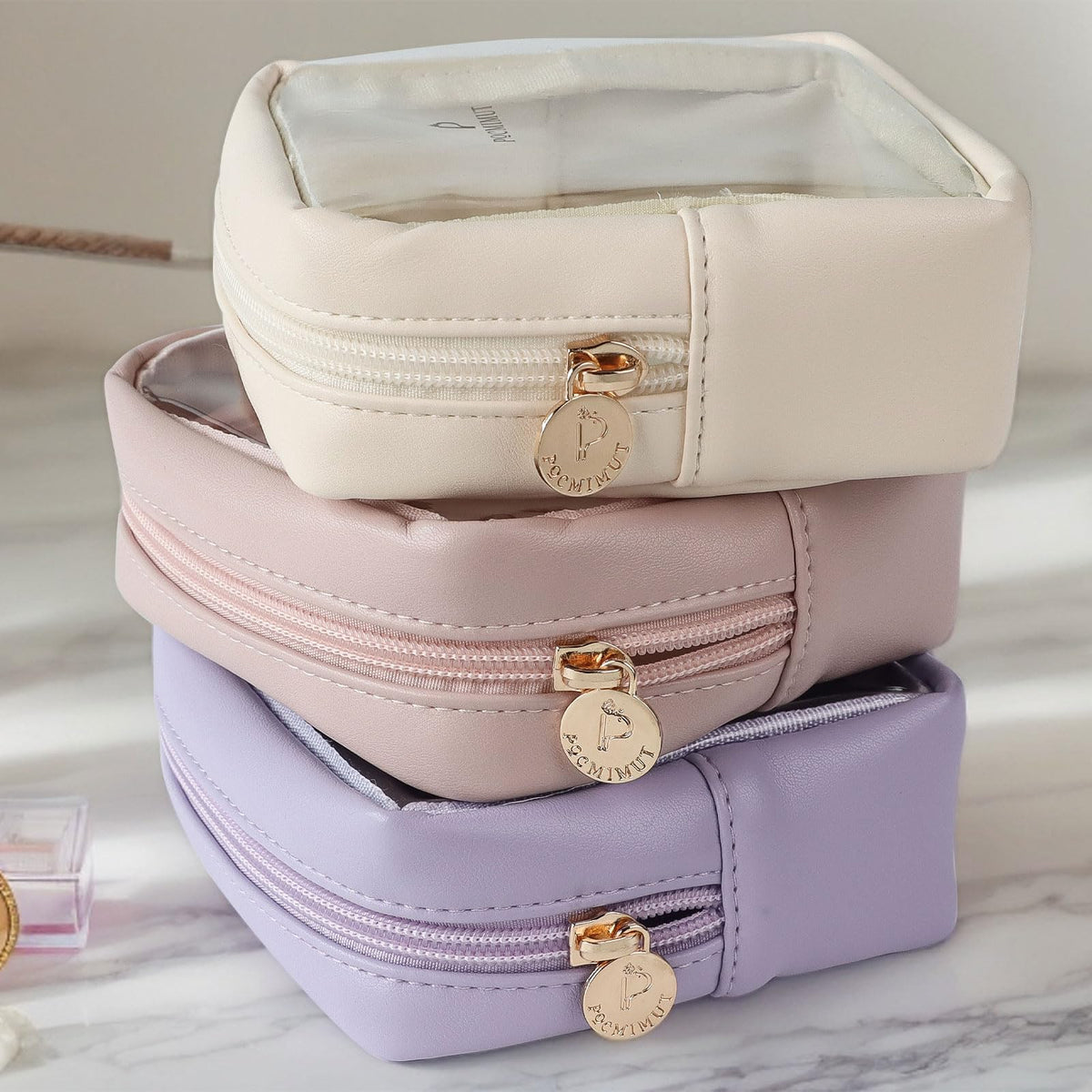Pocmimut Clear Makeup Bag,Easy to Find Mini Makeup Bag for Purse,Travel Makeup Bag for Car, Compact Cosmetic Pouch for Daily Essentials,Beige