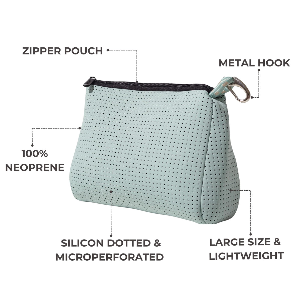 POPUPS Large Makeup Bag with Zipper - Waterproof Neoprene Cosmetic Bag 7.7 x 10.75 x 5 inches - Pouch Minty Green