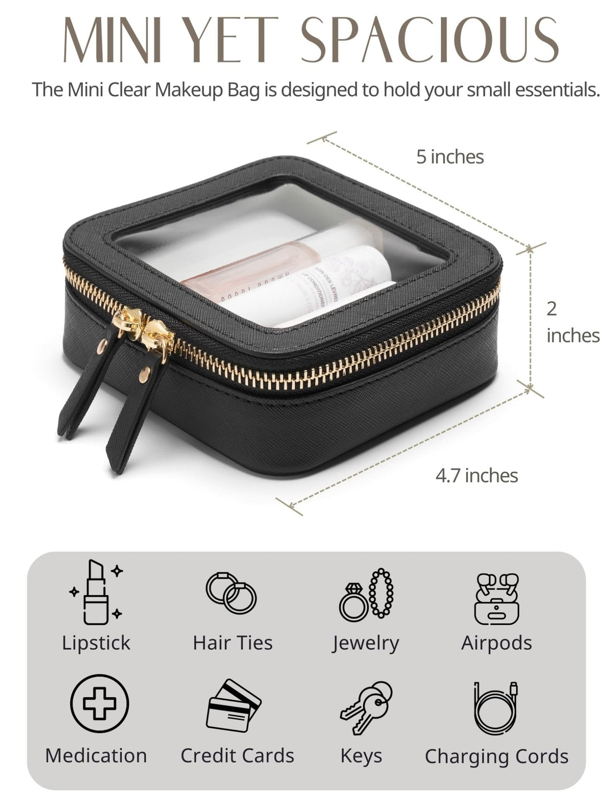 Popvibe Small Clear Makeup Bag for Purse, Travel Cosmetic Case, Black, Mini