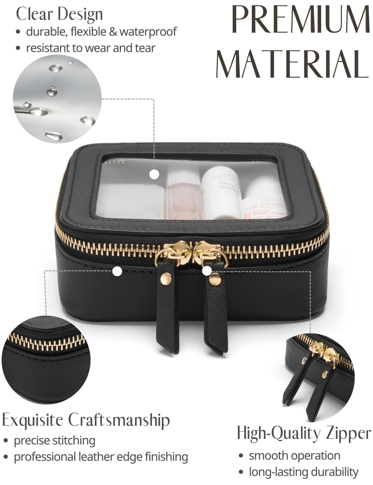 Popvibe Small Clear Makeup Bag for Purse, Travel Cosmetic Case, Black, Mini