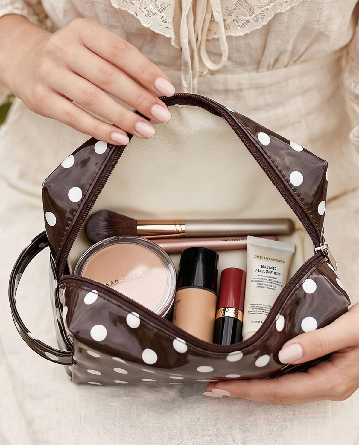 Preppy Coffee Beige Polka Dot Clear Cosmetic Bag, Waterproof PVC Travel Toiletry Bag, Travel Makeup Organizer Pouch with Zipper, Cute Aesthetic Travel Storage Bag for Women Girls (Dot-Coffee Beige)