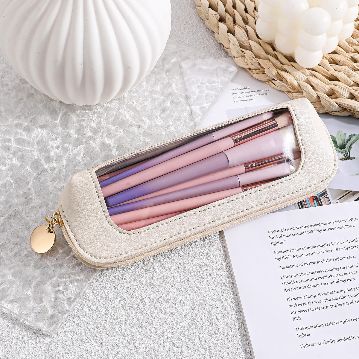 Psyqtsuary Small Clear Makeup Bag, PU Leather Travel Makeup Brush Case Portable Transparent Waterproof Cosmetic Organizer Pouch with Zipper for Women Home Travel Office Cosmetic Storage (Beige)