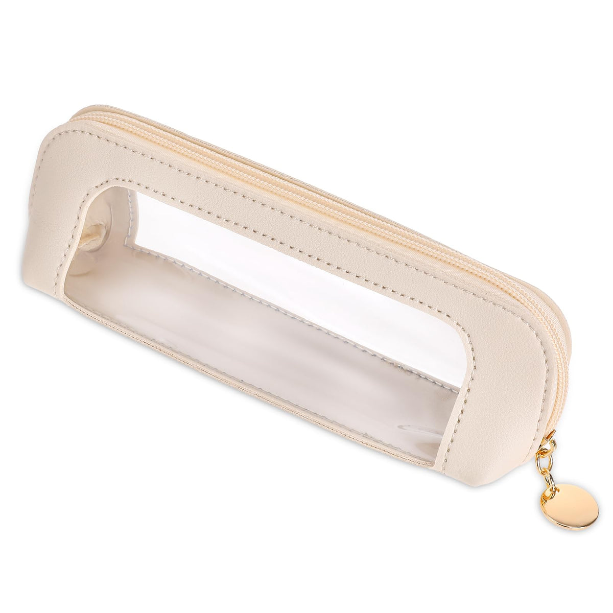 Psyqtsuary Small Clear Makeup Bag, PU Leather Travel Makeup Brush Case Portable Transparent Waterproof Cosmetic Organizer Pouch with Zipper for Women Home Travel Office Cosmetic Storage (Beige)