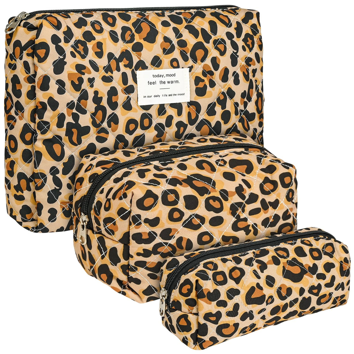 Puchifoda Quilted Makeup Bag Set,3 Pcs Puffy Cosmetic Bags Aesthetic Make Up Bags,Small Zipper Pouch,Travel Toiletry Bag Purse Organizer Pouches for Women (Leopard-Print)