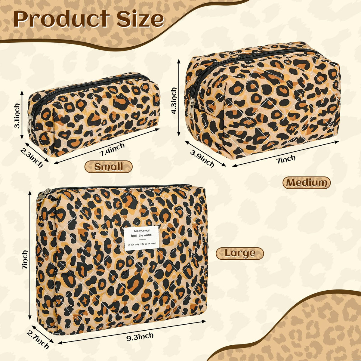 Puchifoda Quilted Makeup Bag Set,3 Pcs Puffy Cosmetic Bags Aesthetic Make Up Bags,Small Zipper Pouch,Travel Toiletry Bag Purse Organizer Pouches for Women (Leopard-Print)