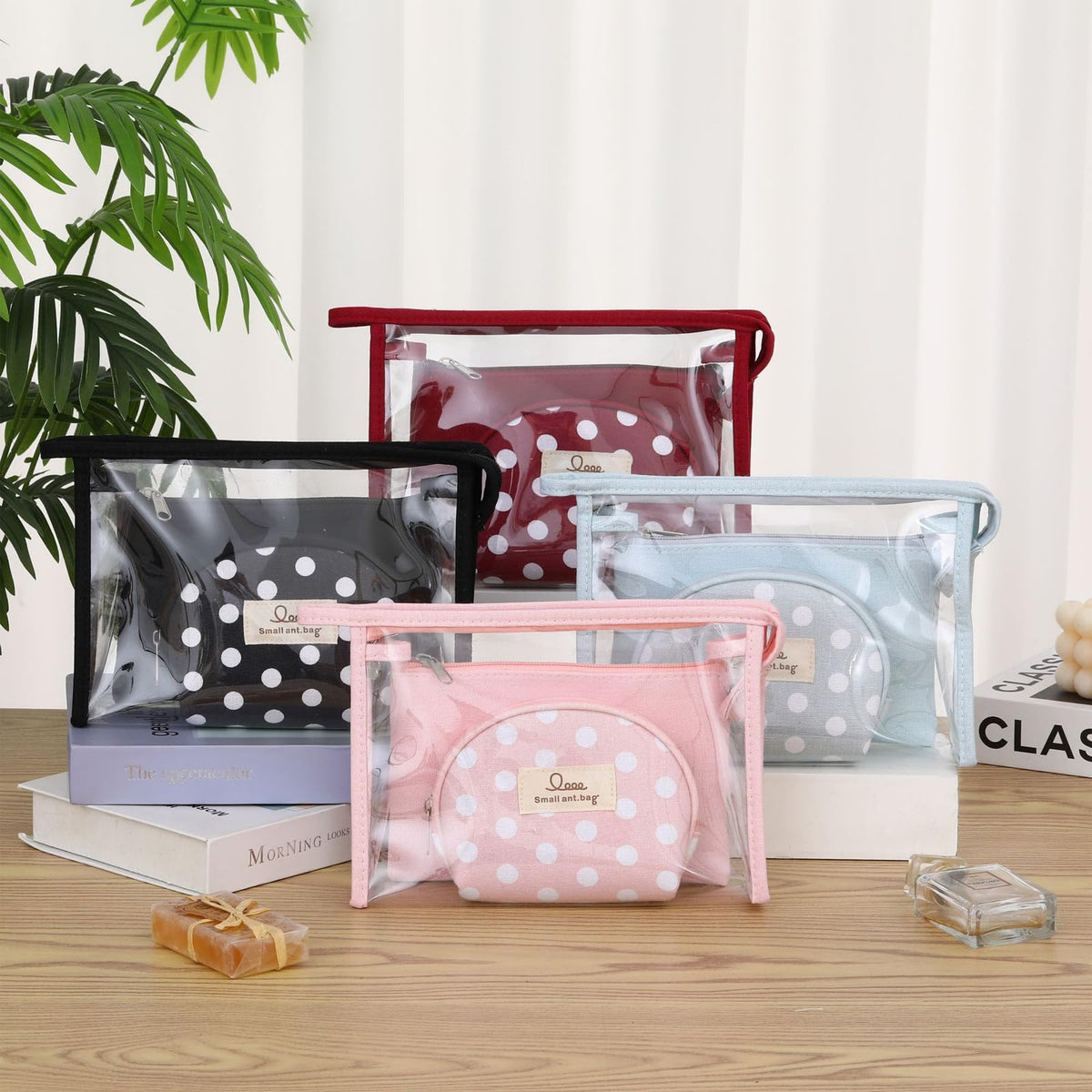 Qikuver Clear Makeup Bag Set, 3 Pack Makeup Toiletry Bags for Women, Portable Travel Cosmetic Bags Purse Bags Zipper Storage Pouches for Home Travel Accessories (Red)