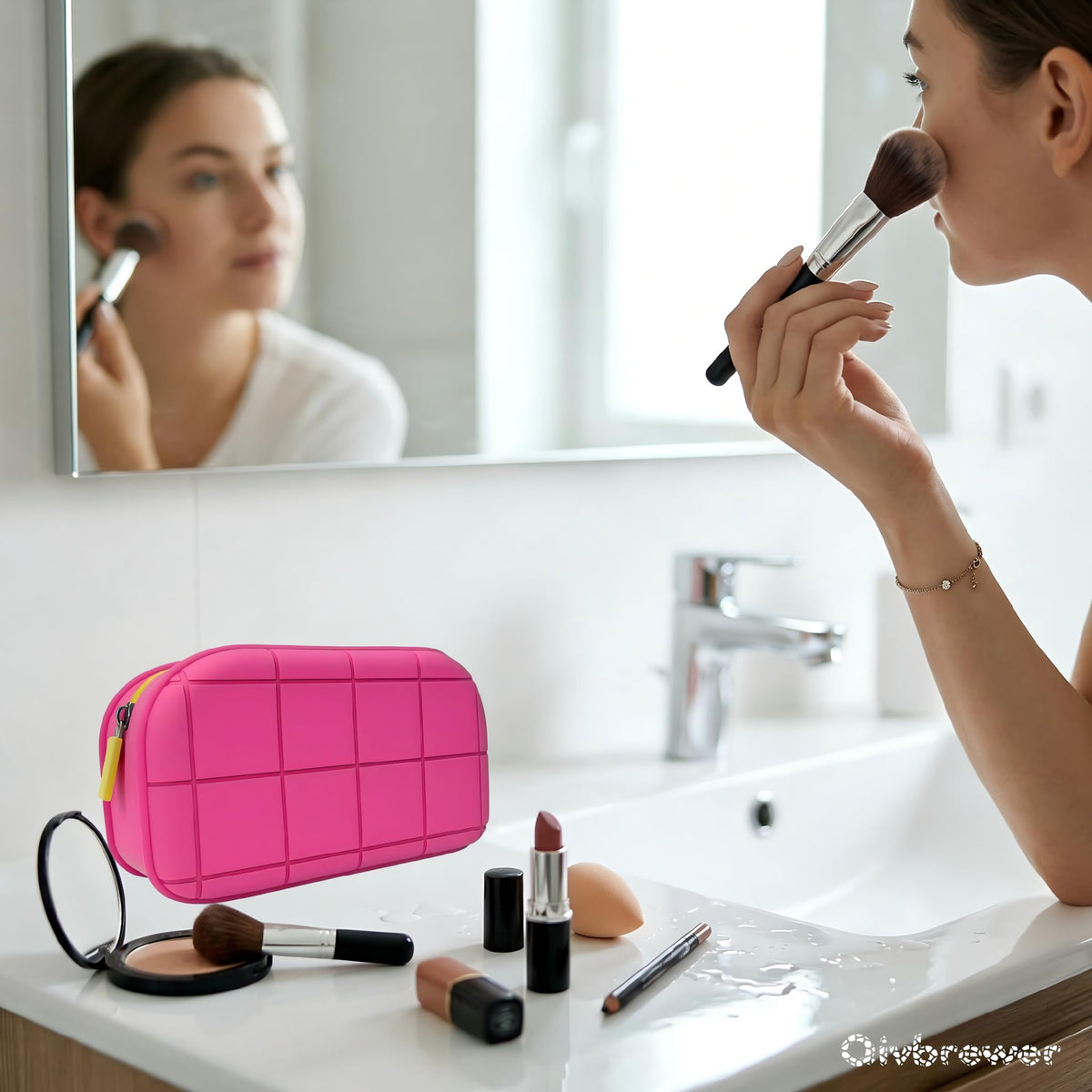 Qivbrewer Silicone Makeup Bag - Waterproof Cosmetic Organizer for Travel Versatile Small Toiletry Bag & Cute Makeup Bag for Women & Girls (Pink)