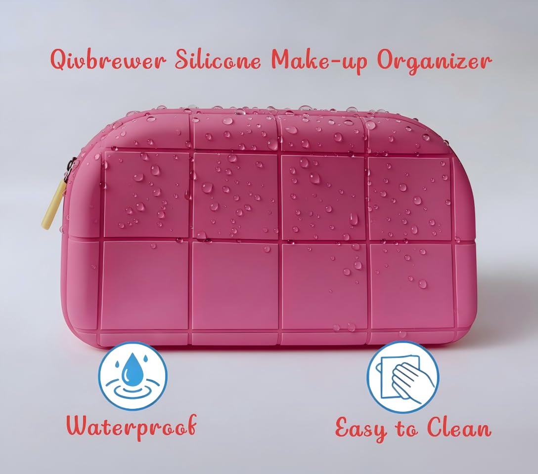 Qivbrewer Silicone Makeup Bag - Waterproof Cosmetic Organizer for Travel Versatile Small Toiletry Bag & Cute Makeup Bag for Women & Girls (Pink)