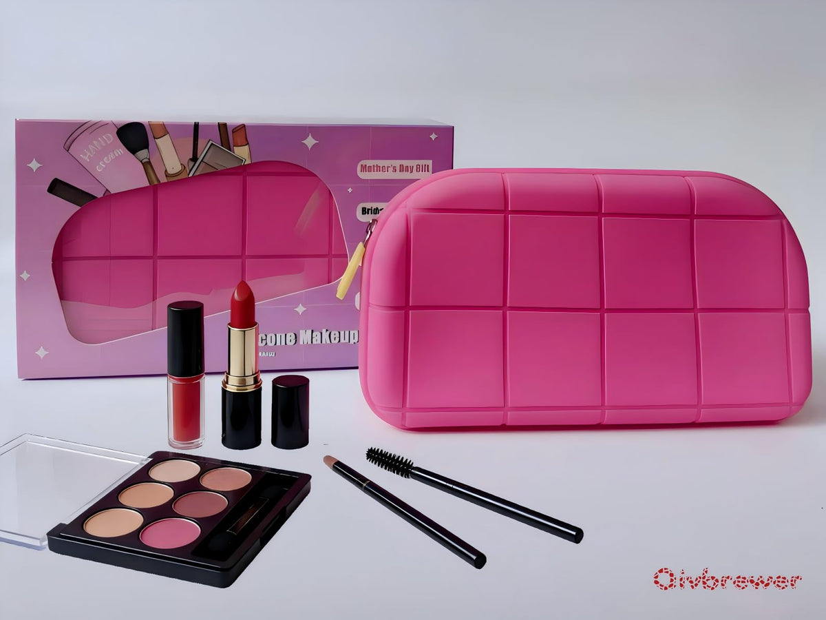 Qivbrewer Silicone Makeup Bag - Waterproof Cosmetic Organizer for Travel Versatile Small Toiletry Bag & Cute Makeup Bag for Women & Girls (Pink)