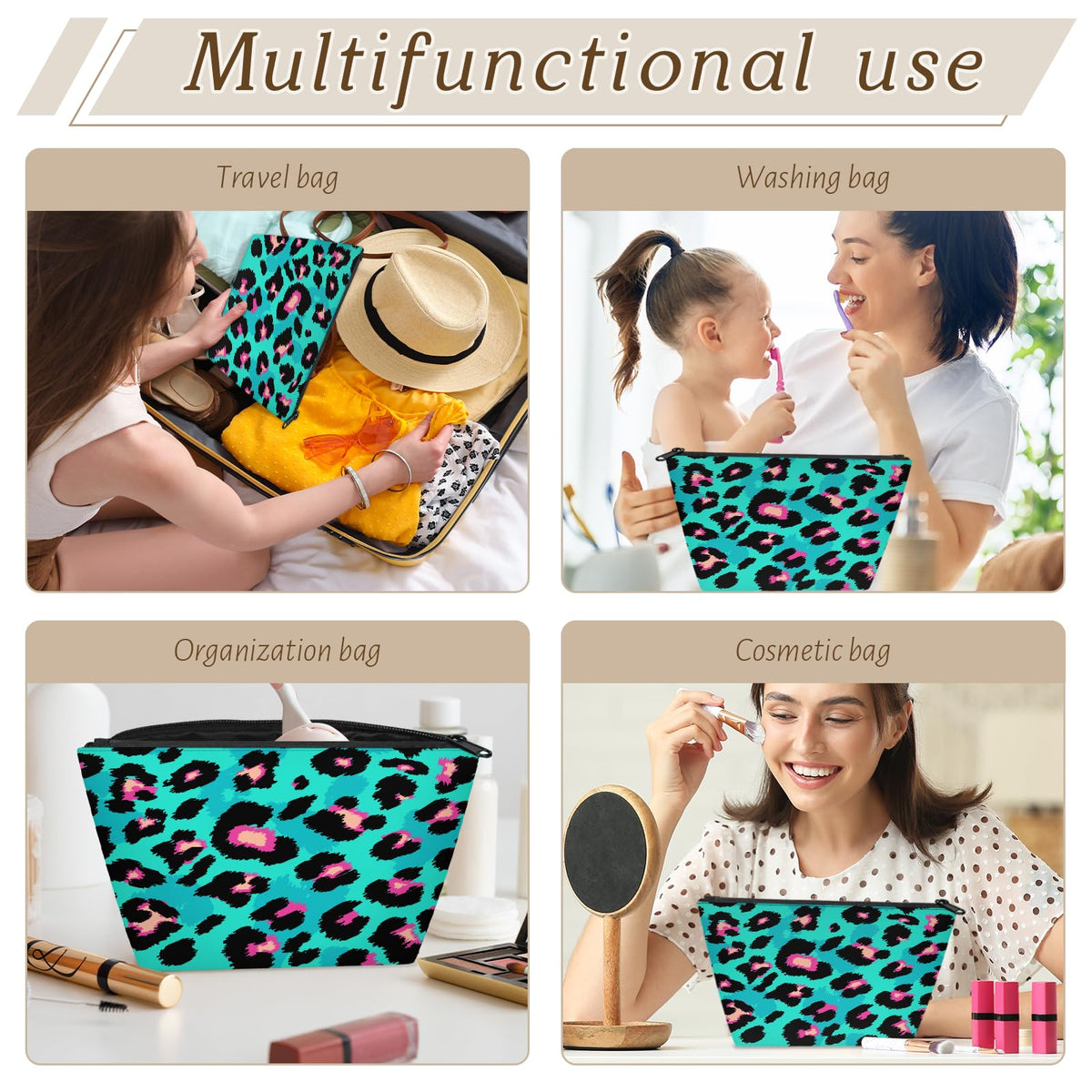 QsirBC Waterproof Makeup Bag Travel Cosmetic Pouch Multi Functional Organizer for Women Travel Gym Camping Gifts Leopard Jade Green