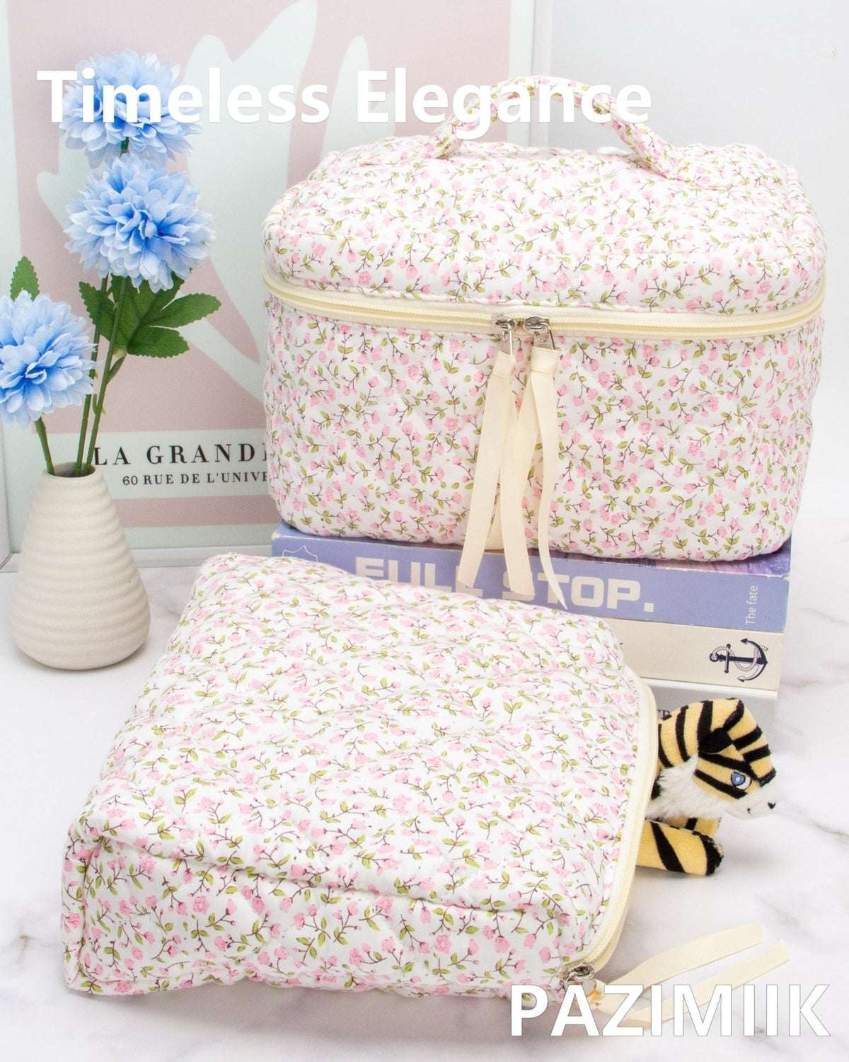Quilted Makeup Pouch for Women, Travel Cosmetic&Toiletry Bag,Floral Pink