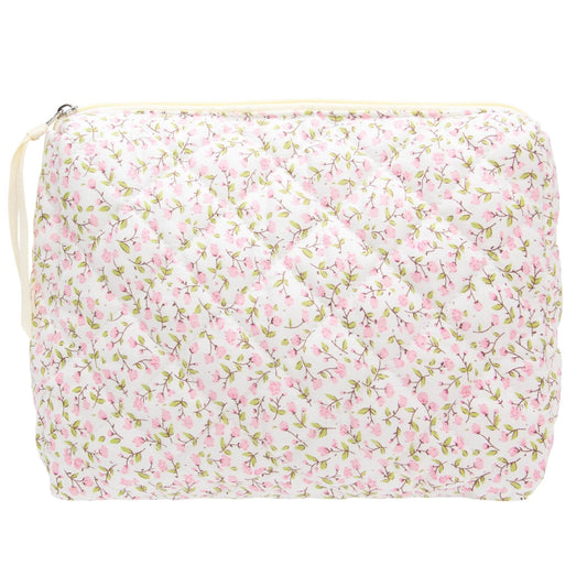Quilted Makeup Pouch for Women, Travel Cosmetic&Toiletry Bag,Floral Pink