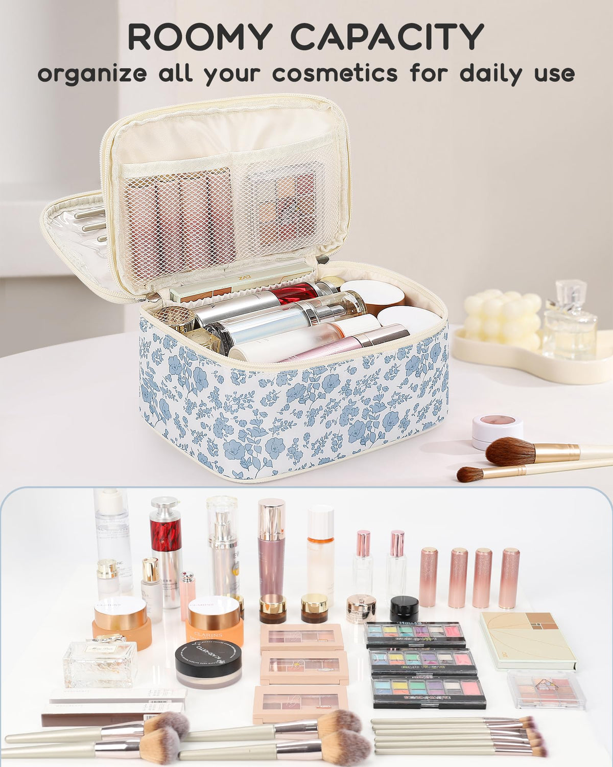 Relavel Travel Makeup Bag, Floral Cosmetic Bag with Brush Compartment