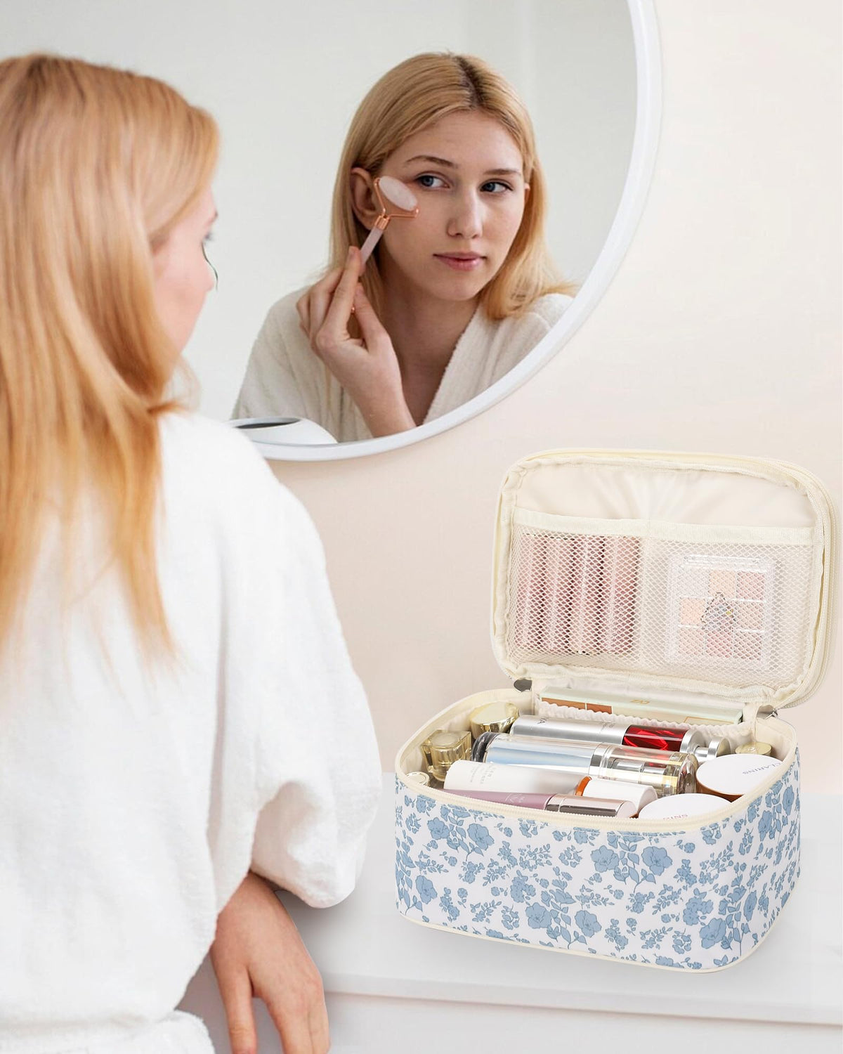 Relavel Travel Makeup Bag, Floral Cosmetic Bag with Brush Compartment