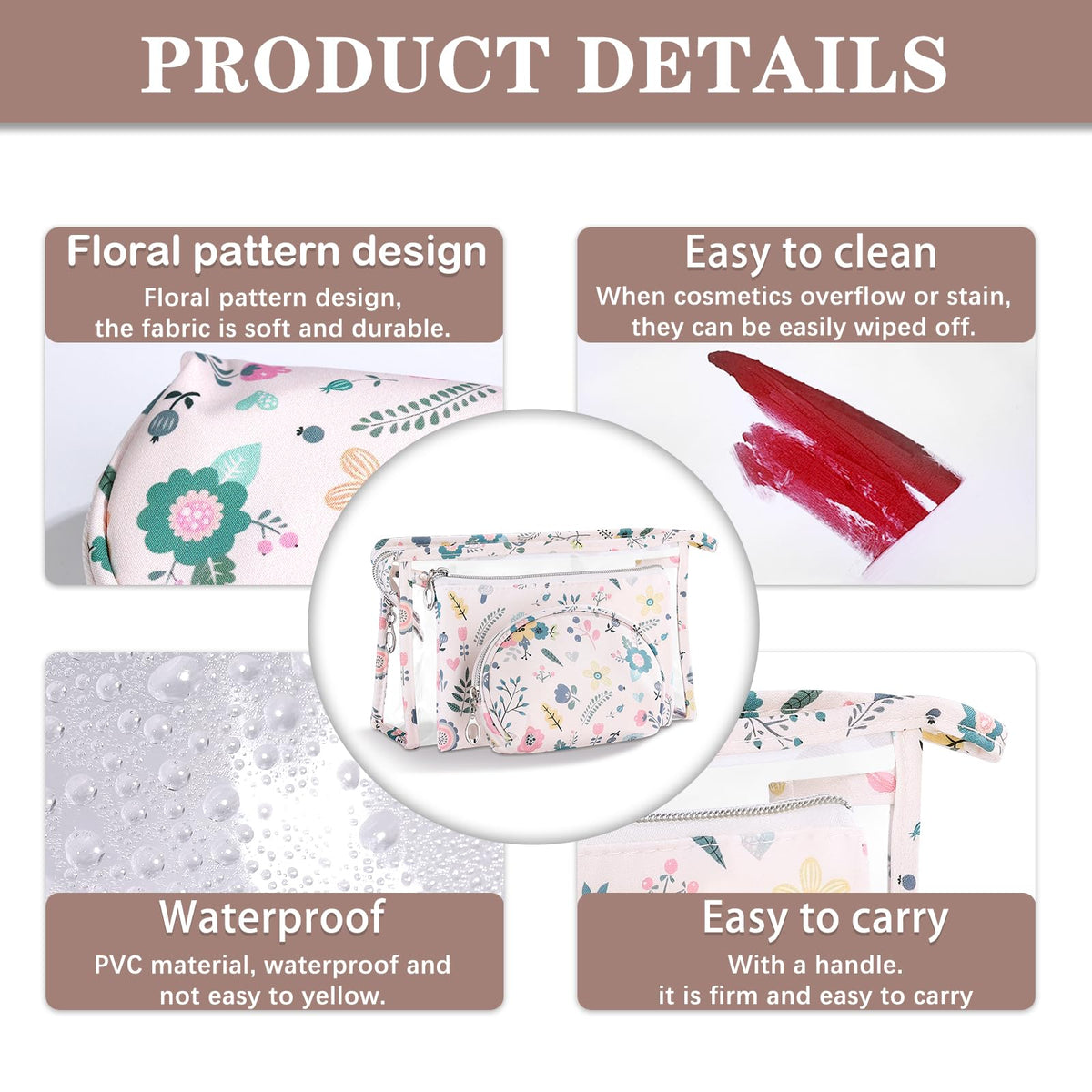 Richeart Makeup Bag, Clear Bag with Zipper, 3PC Floral Flowers Makeup Pouch, Waterproof Small Pouch, Portable Travel Toiletry Bag, C