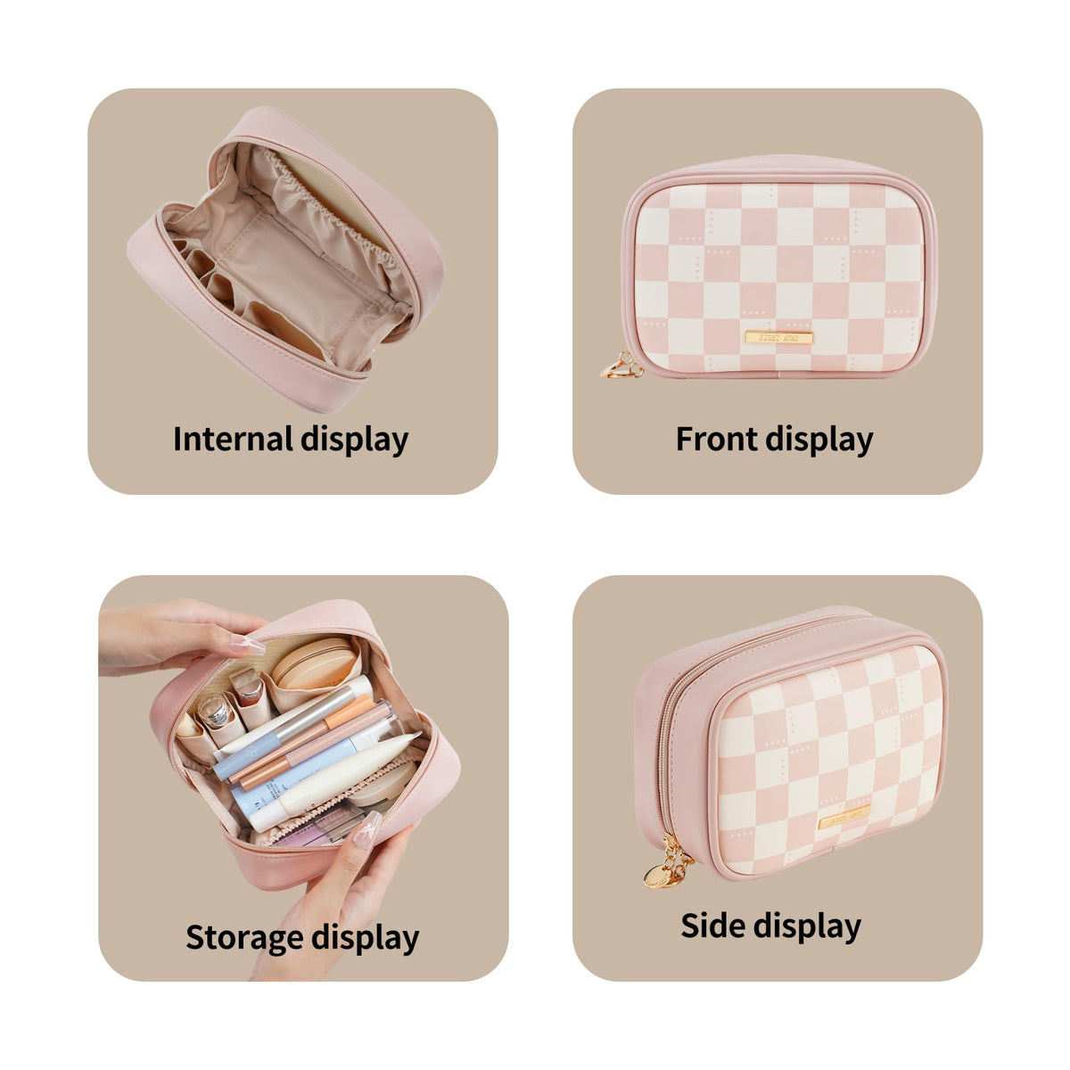 RIGHT AWAY Checkered Makeup Bag for Purse,Small Cosmetic Bag Organizer for Women, Travel Make Up Pouch Waterproof Toiletry Bag Cute Makeup Case for Travel Accessories(Pink Checkerboard)