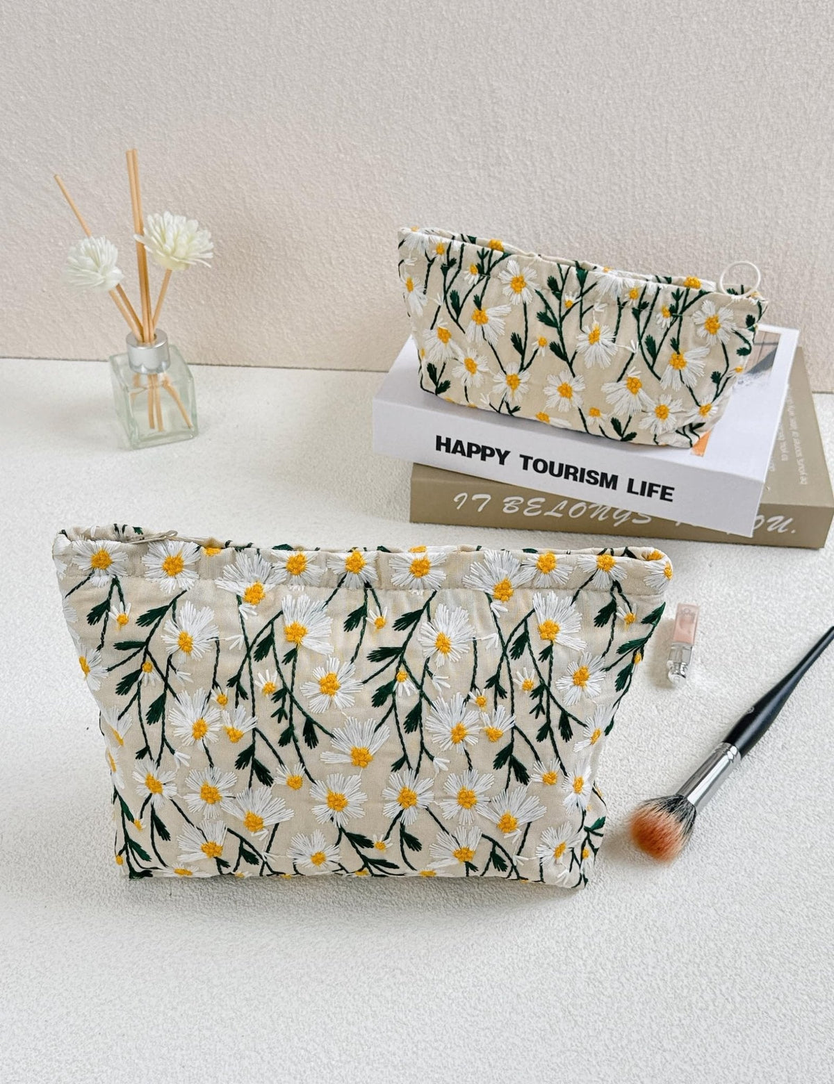 RIKMOXR 2 Pcs Makeup Bags, Large Cosmetic Bag Travel Toiletry Bag Organizer for Women, Embroidery Craft, Floral Makeup Bag Small Cosmetic Pouch Purse with Zipper Gifts for Girls Teen