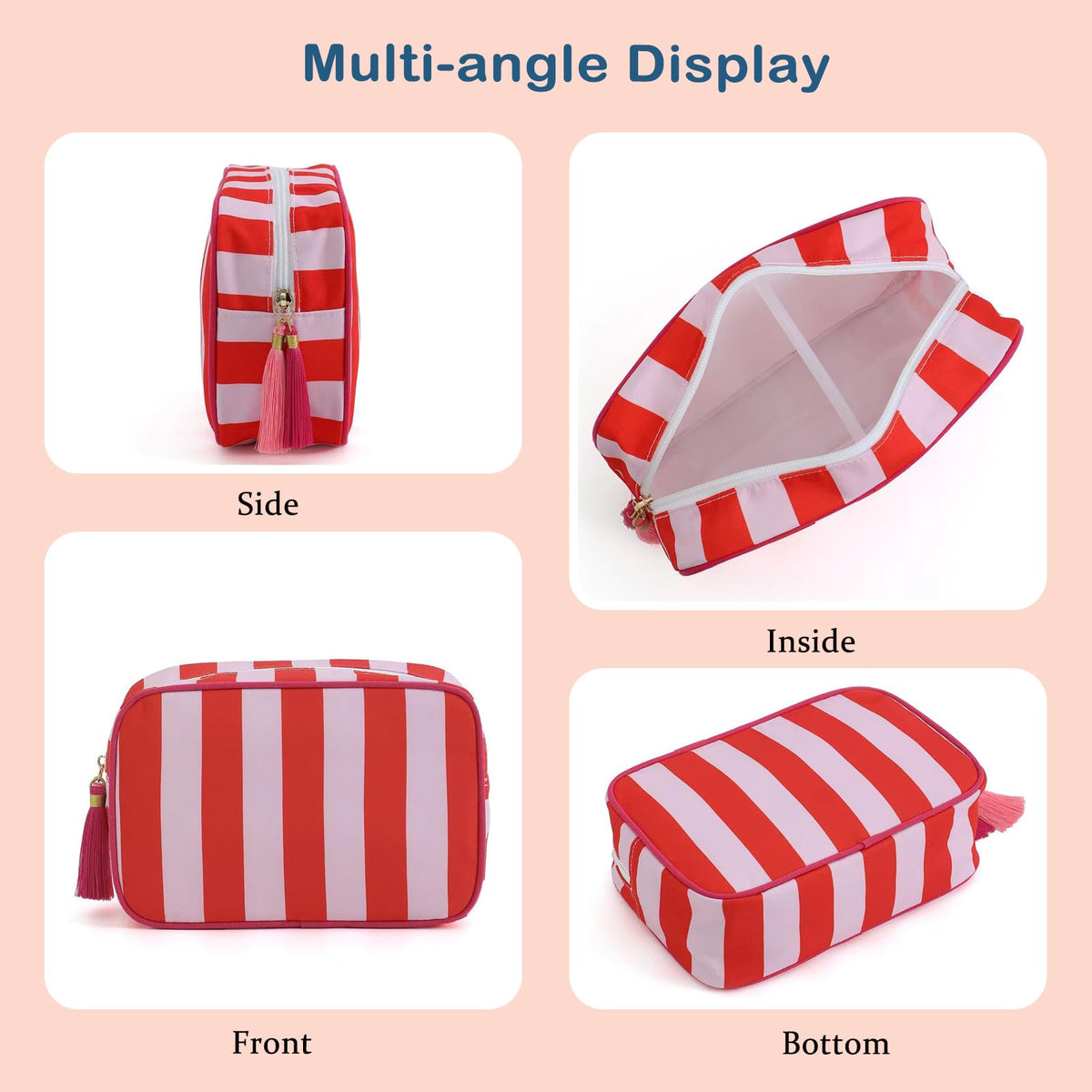 RSRSLEII Large Striped Travel Makeup Bag, Tassel Zippered Toiletry Bag,Pink