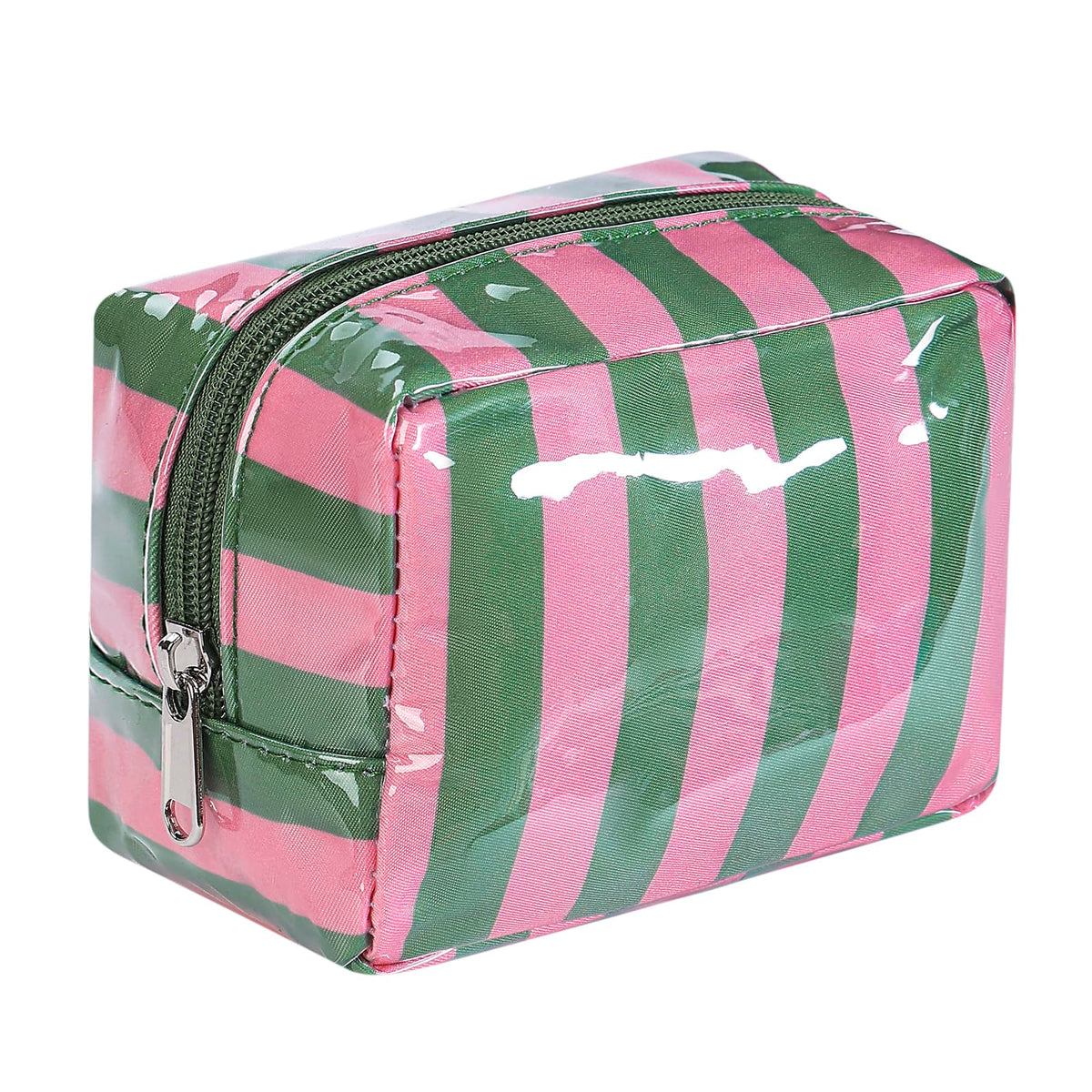 RSRSLEII Small Striped Makeup Bag for Purse, Mini Waterproof Clear Coated Cosmetic Bag, Cute Cosmetic Pouch for Women Girls, Key Pocket Lipstick Pouch Card Holder Data Cable Organizer(01Green&Pink)