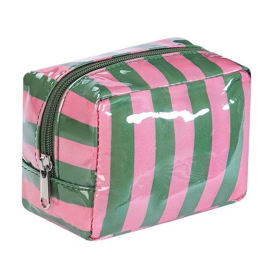 RSRSLEII Small Striped Makeup Bag for Purse, Mini Waterproof Clear Coated Cosmetic Bag, Cute Cosmetic Pouch for Women Girls, Key Pocket Lipstick Pouch Card Holder Data Cable Organizer(01Green&Pink)