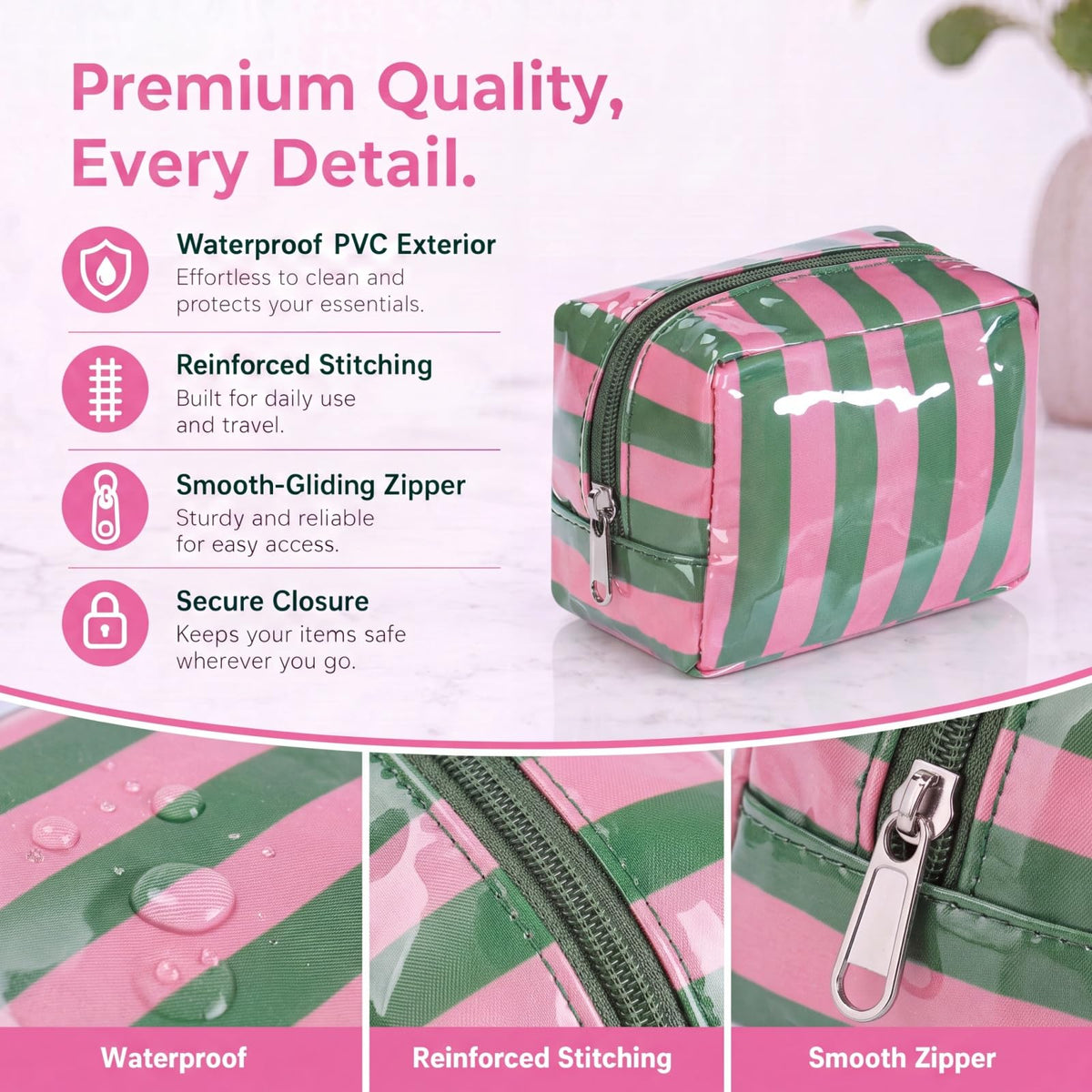 RSRSLEII Small Striped Makeup Bag for Purse, Mini Waterproof Clear Coated Cosmetic Bag, Cute Cosmetic Pouch for Women Girls, Key Pocket Lipstick Pouch Card Holder Data Cable Organizer(01Green&Pink)