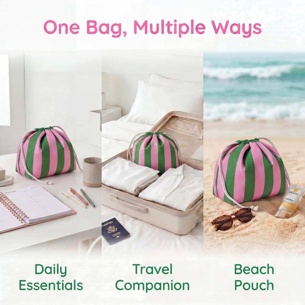 RSRSLEII Striped Drawstring Travel Makeup Bag, Waterproof Cosmetic Bag Toiletry Bag, Aesthetic Sunscreen Accessories Storage Organization, Beach Travel Purse for Women Girls(01Green&Pink)