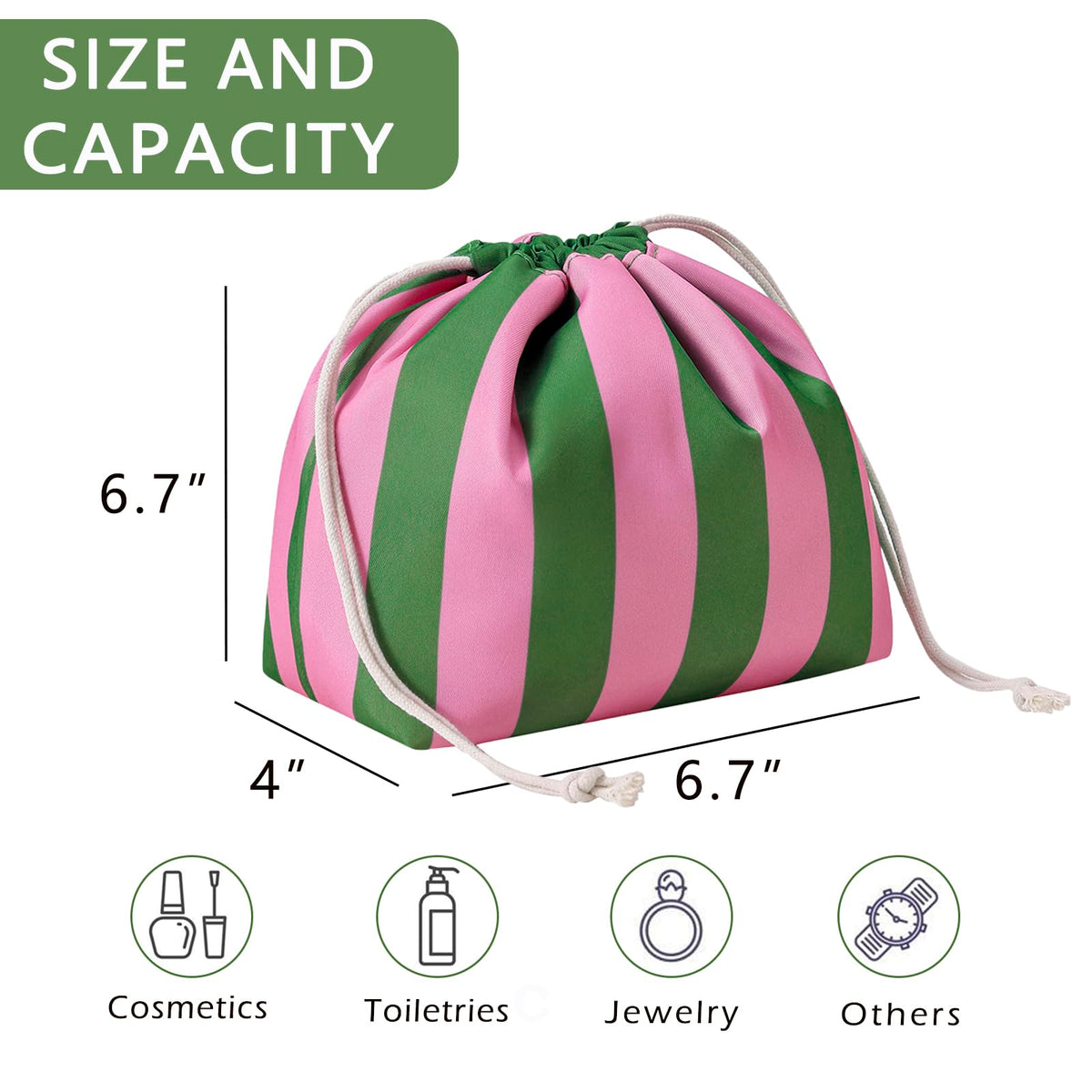 RSRSLEII Striped Drawstring Travel Makeup Bag, Waterproof Cosmetic Bag Toiletry Bag, Aesthetic Sunscreen Accessories Storage Organization, Beach Travel Purse for Women Girls(01Green&Pink)