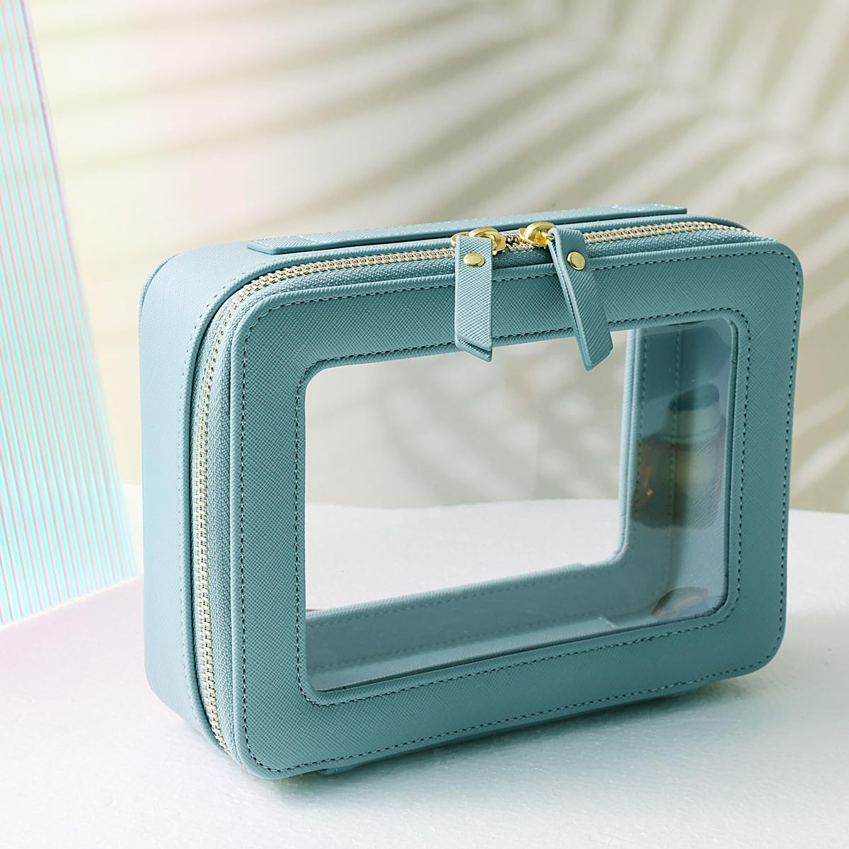 SANHECUN Toiletry bag waterproof cosmetic organizer with handle large opening for travelling (Blue)