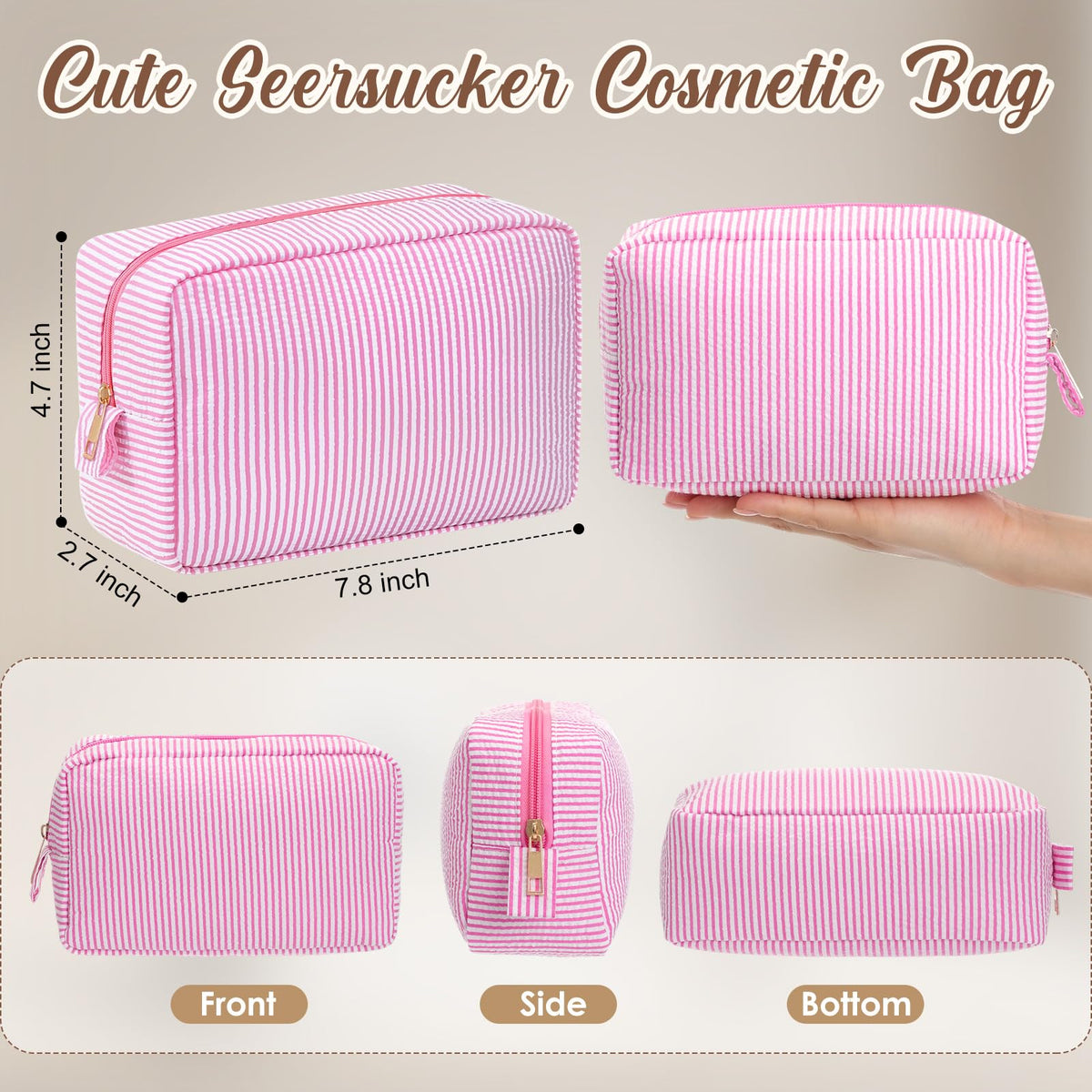 Sanwuta 10 Pcs Seersucker Cosmetic Bag Seersucker Makeup Bag Women Stripe Large Travel Toiletry Organizer Preppy Storage Pouch for Embroidery Wedding Bridesmaid Bride Mom (Pink)