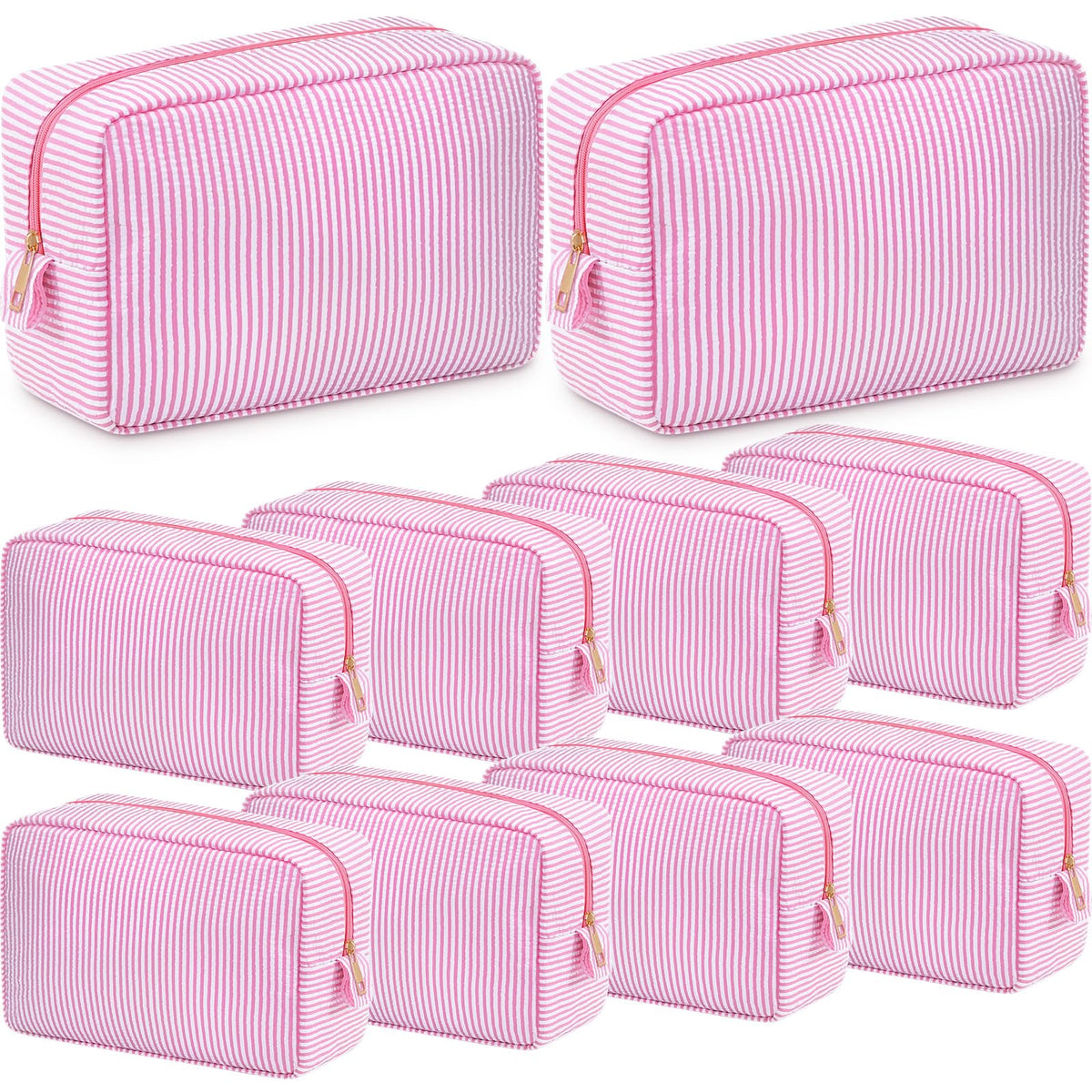 Sanwuta 10 Pcs Seersucker Cosmetic Bag Seersucker Makeup Bag Women Stripe Large Travel Toiletry Organizer Preppy Storage Pouch for Embroidery Wedding Bridesmaid Bride Mom (Pink)
