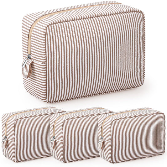 Sanwuta 3 Pcs Seersucker Makeup Bags Seersucker Cosmetic Bags Striped Women Large Travel Toiletry Organizer Preppy Storage Pouch for Embroidery Wedding Bridesmaid Gifts(Khaki)