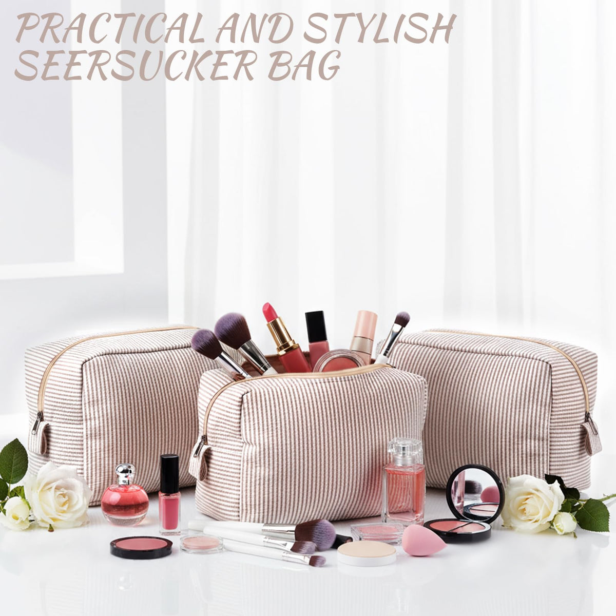 Sanwuta 3 Pcs Seersucker Makeup Bags Seersucker Cosmetic Bags Striped Women Large Travel Toiletry Organizer Preppy Storage Pouch for Embroidery Wedding Bridesmaid Gifts(Khaki)