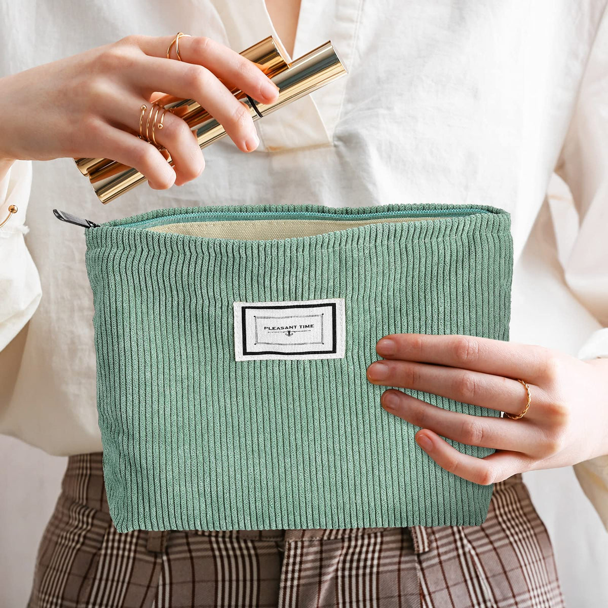 Sanwuta 4 Pack Velvet Corduroy Makeup Bag Zipper Pouch,Retro Color,Plaid