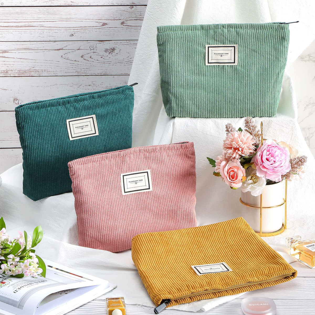 Sanwuta 4 Pack Velvet Corduroy Makeup Bag Zipper Pouch,Retro Color,Plaid