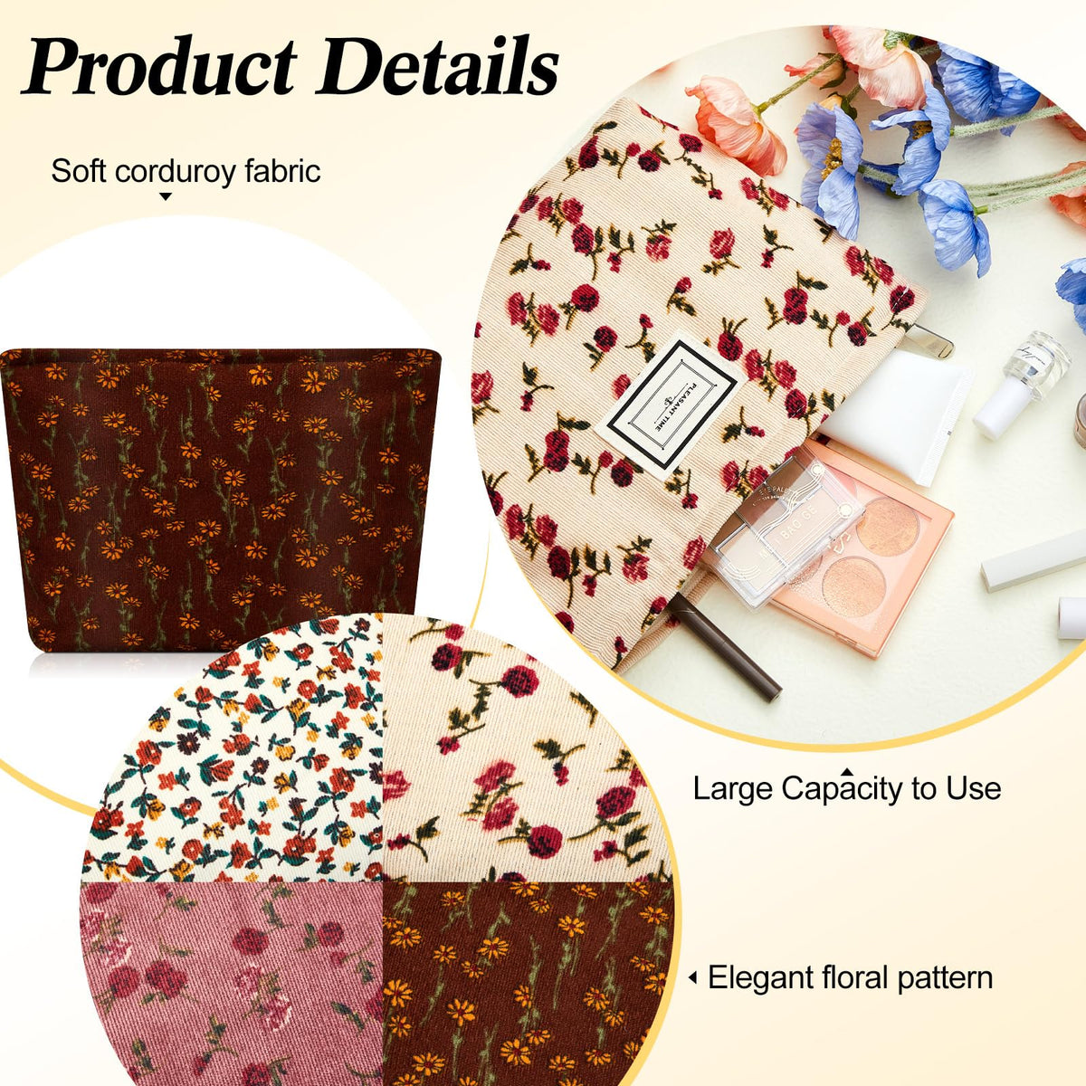 Sanwuta 4 Pcs Corduroy Cosmetic Bags Floral Makeup Bag Corduroy Cosmetic Pouch Flower Travel Toiletry Zipper Bag Large Capacity Aesthetic Purse Organizer Cute Handbags for Women, Girls Gifts, 4 Styles