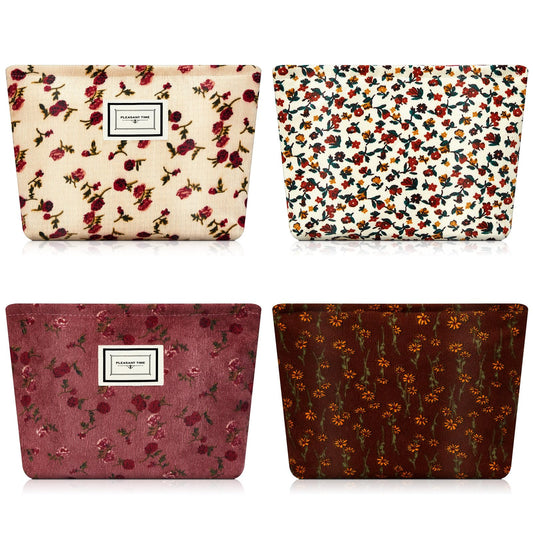 Sanwuta 4 Pcs Corduroy Cosmetic Bags Floral Makeup Bag Corduroy Cosmetic Pouch Flower Travel Toiletry Zipper Bag Large Capacity Aesthetic Purse Organizer Cute Handbags for Women, Girls Gifts, 4 Styles