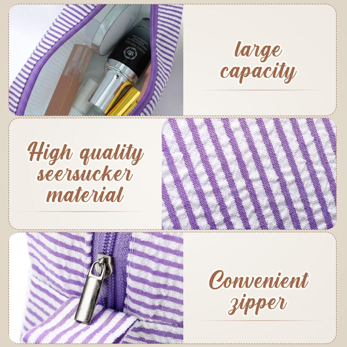 Sanwuta 6 Pack Seersucker Makeup Bags for Women Striped,Large,Classic
