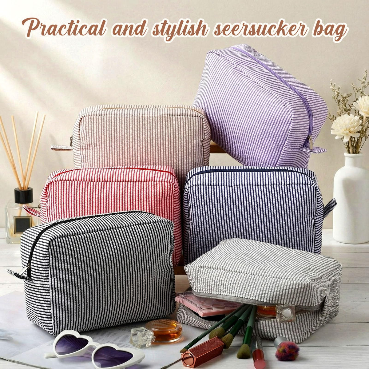 Sanwuta 6 Pack Seersucker Makeup Bags for Women Striped,Large,Classic