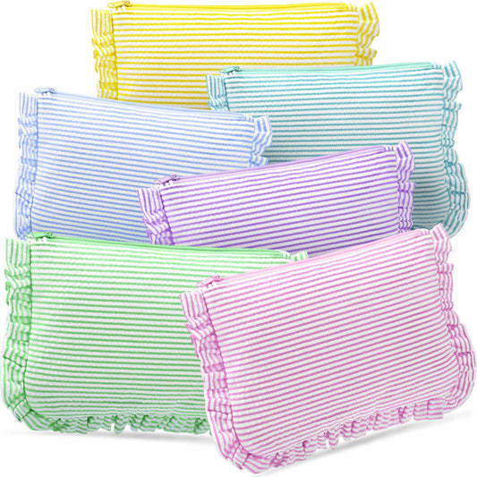 Sanwuta 6 Pcs Seersucker Cosmetic Bag Bulk Striped Ruffle Makeup Bag for Women with Zipper Cute Travel Toiletry Organizer Preppy Storage Pouch for Wedding Embroidery Bridesmaid Gifts(Multiple Colors)