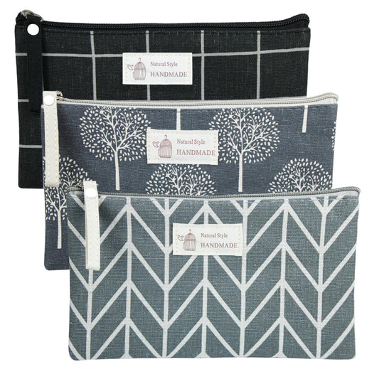 SHEHARUHI 3 Pcs Canvas Makeup Bags Set Cosmetic Small Bag Printed Cute Vacation Travel Toiletry Purse Zipper Pouch Multi-Function Bag Women Girls Favor
