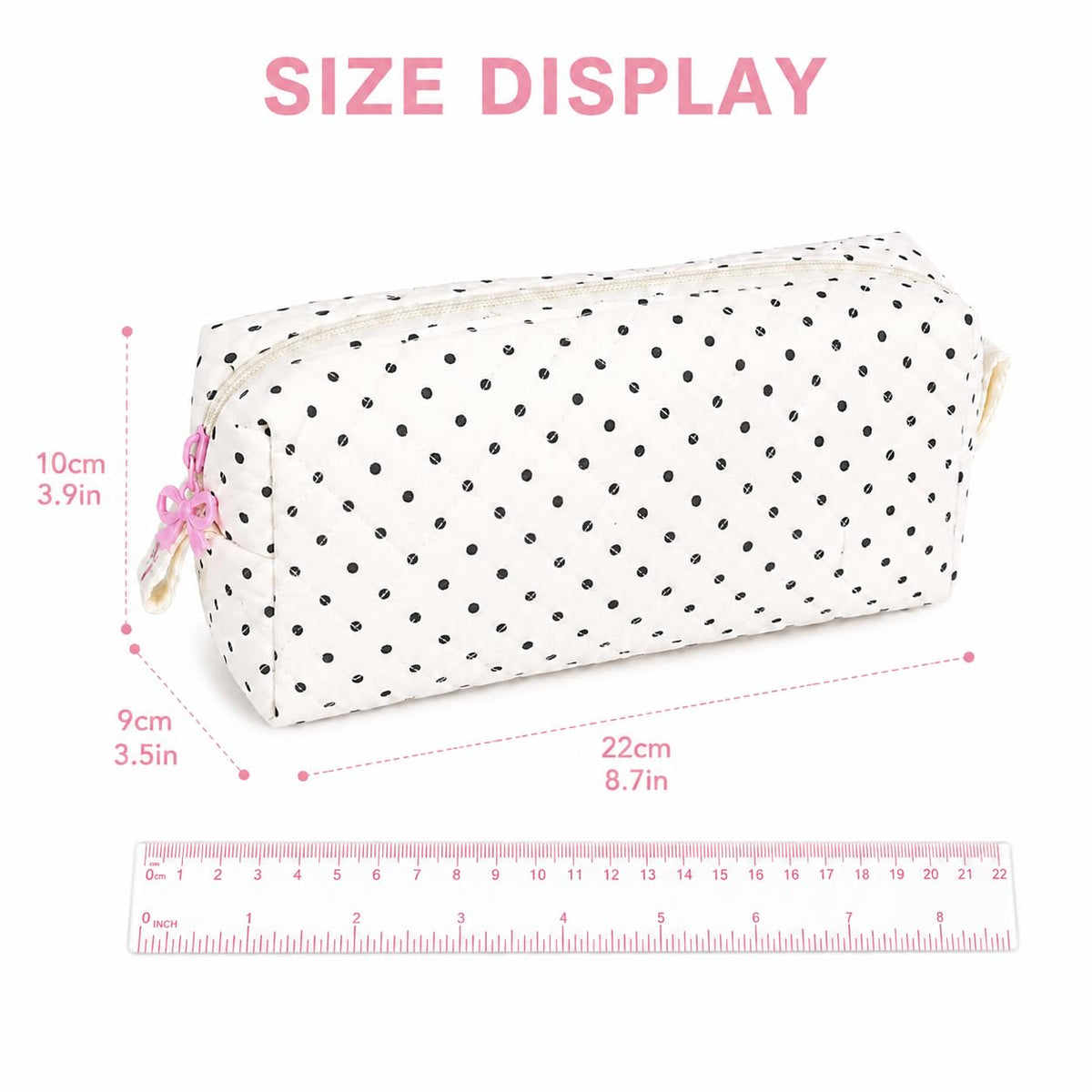 shiprabags Cute Quilted Pencil Case for Women, Aesthetic Small Floral Pencil Pouch, Slim Soft Pencil Bag for Stationery Supplies & Daily Use（Polka Dot）