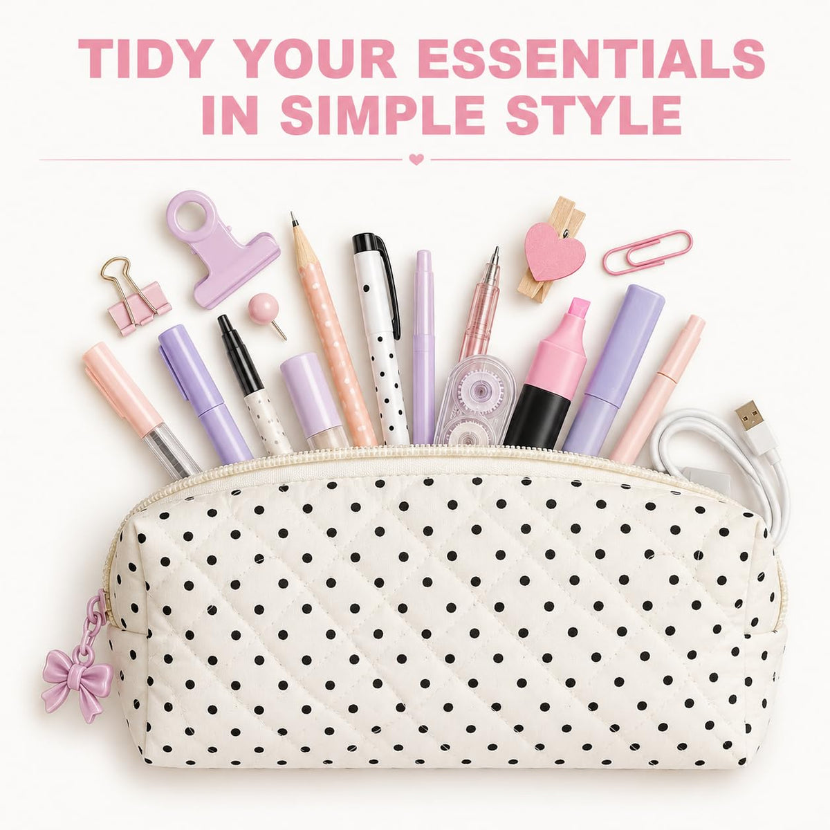 shiprabags Cute Quilted Pencil Case for Women, Aesthetic Small Floral Pencil Pouch, Slim Soft Pencil Bag for Stationery Supplies & Daily Use（Polka Dot）
