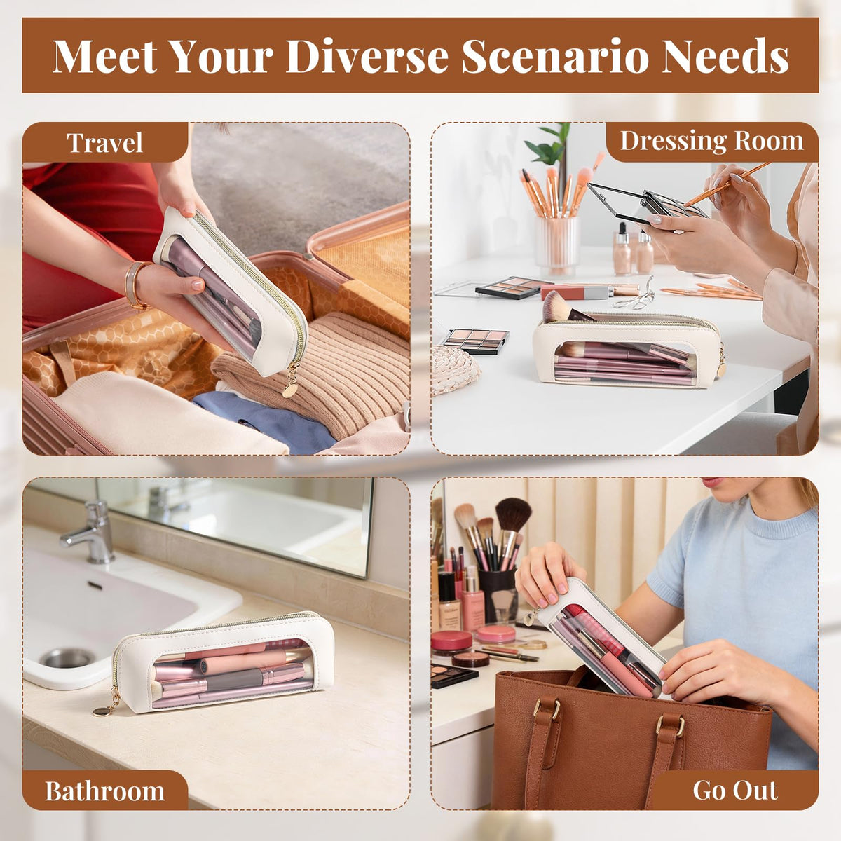 Sightor Clear Makeup Bag PU Leather Makeup Brush Case Makeup Bag for Purse