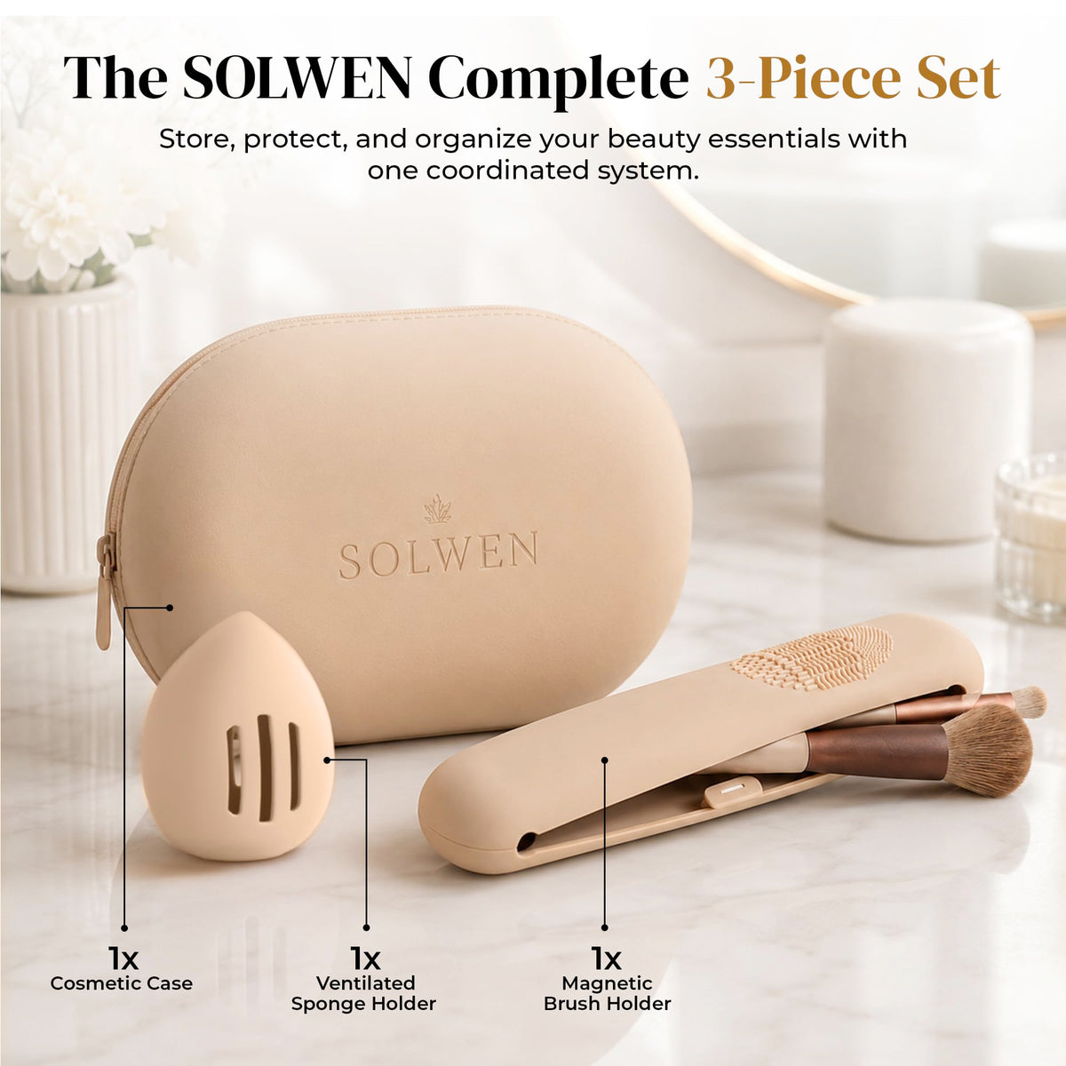 Silicone Makeup Bag Set - Cosmetic Pouch, Brush Holder, Beauty Sponge Case
