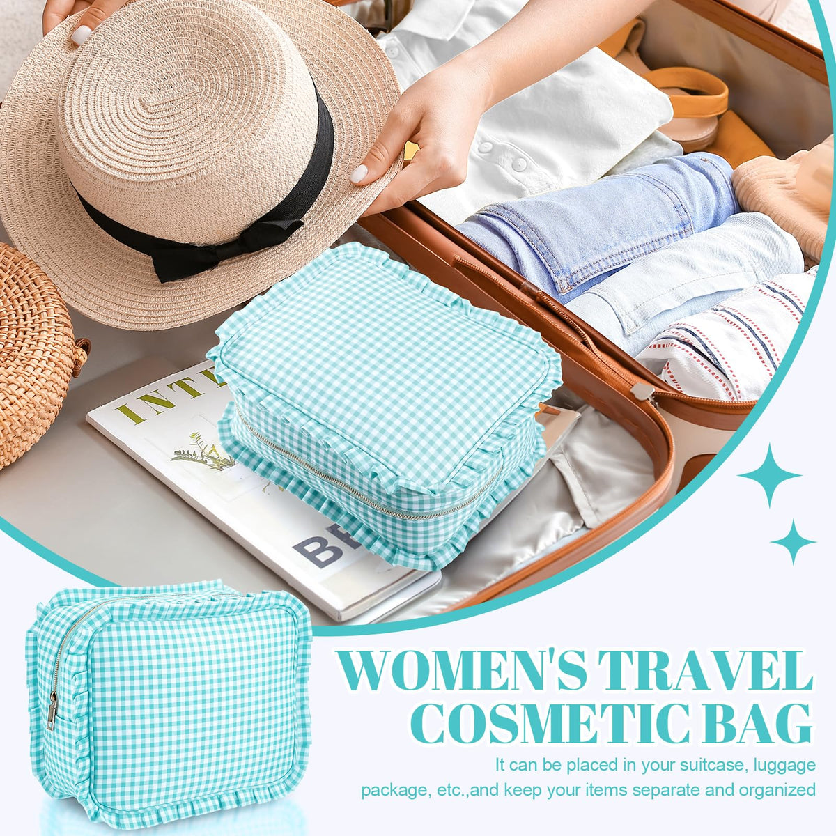 SilTriangle Mint Gingham Ruffle Makeup Bag 10 x 8 x 4.5 Inches Large Ruffle Pouch Travel Cute Checkered Cosmetic Toiletry Bag with Zipper for Women Girls, Toiletry Pouch Make up Organizer Gift