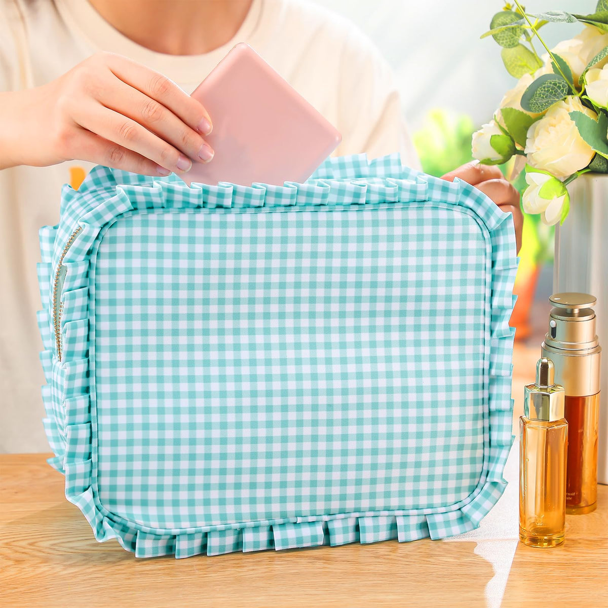 SilTriangle Mint Gingham Ruffle Makeup Bag 10 x 8 x 4.5 Inches Large Ruffle Pouch Travel Cute Checkered Cosmetic Toiletry Bag with Zipper for Women Girls, Toiletry Pouch Make up Organizer Gift