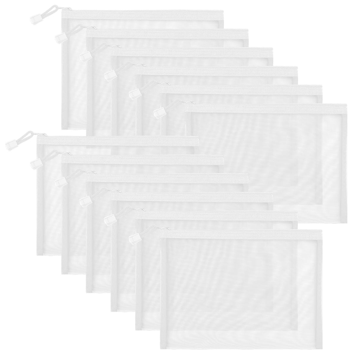 Sinzip 12 Pieces Zipper Nylon Mesh Pouch, Mesh Cosmetic Bags Makeup Bags Pencil Case, Multipurpose Travel Bags for Cosmetic School Office Supplies and Travel Accessories (White, A5)