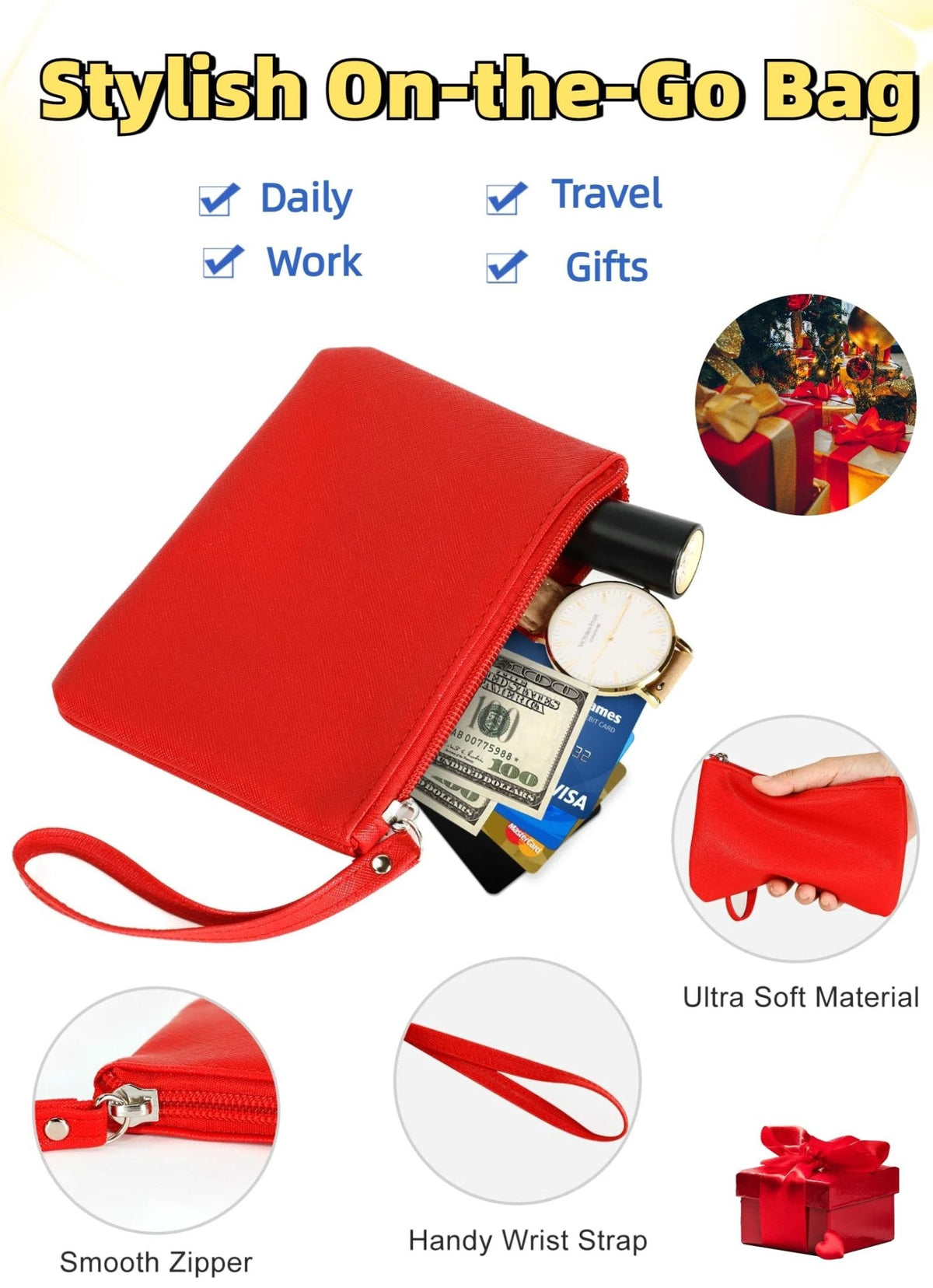 Small Makeup Bag for Purse Mini Cosmetic Pouch Zipper Little Wristlet, Tiny Make Up Organizer Lipstick Feminine Product Car Change Coin Holder for Women, 4.5 x 6.5 Clutch Stadium Approved, 1 Red